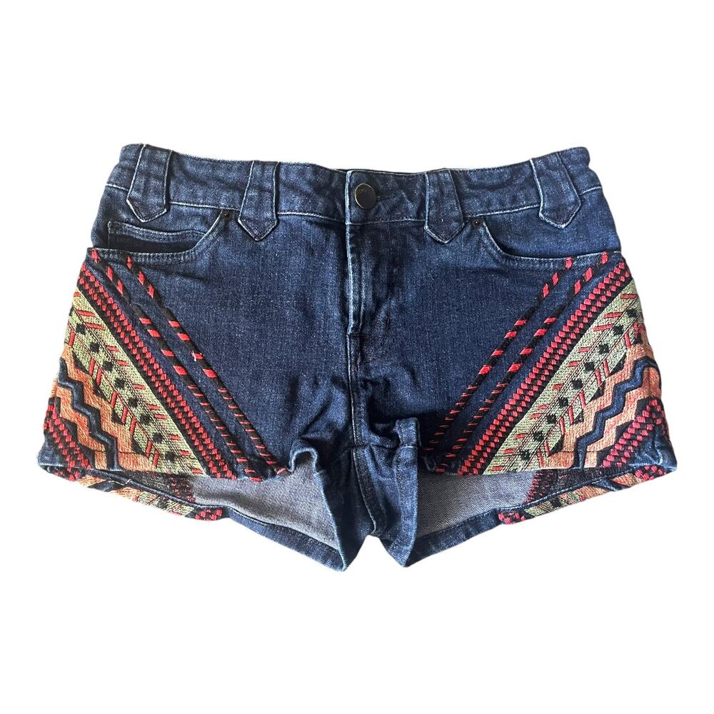 BDG colorful Aztec embroidered dark wash blue denim jean mini 2" shorts size 28